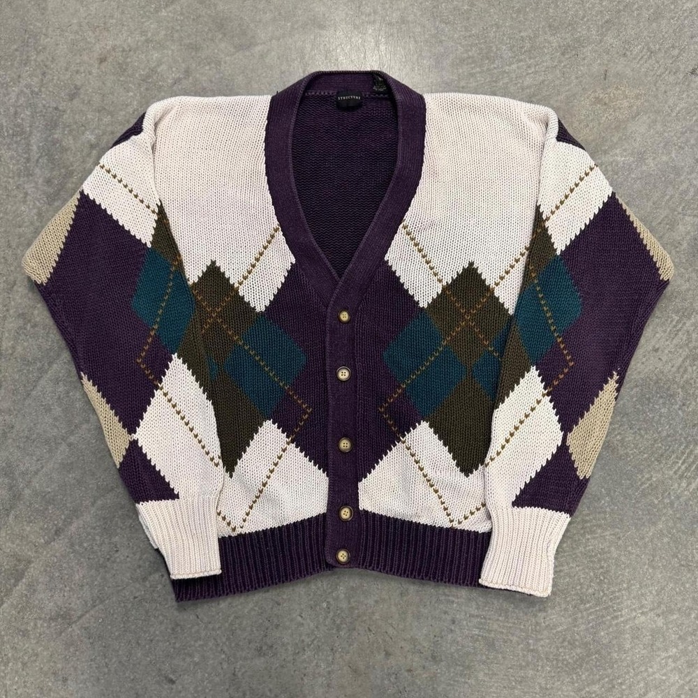 Vintage Chunky Cardigan Sweater Heavyweight Cotton Knit Patterned Purple XL